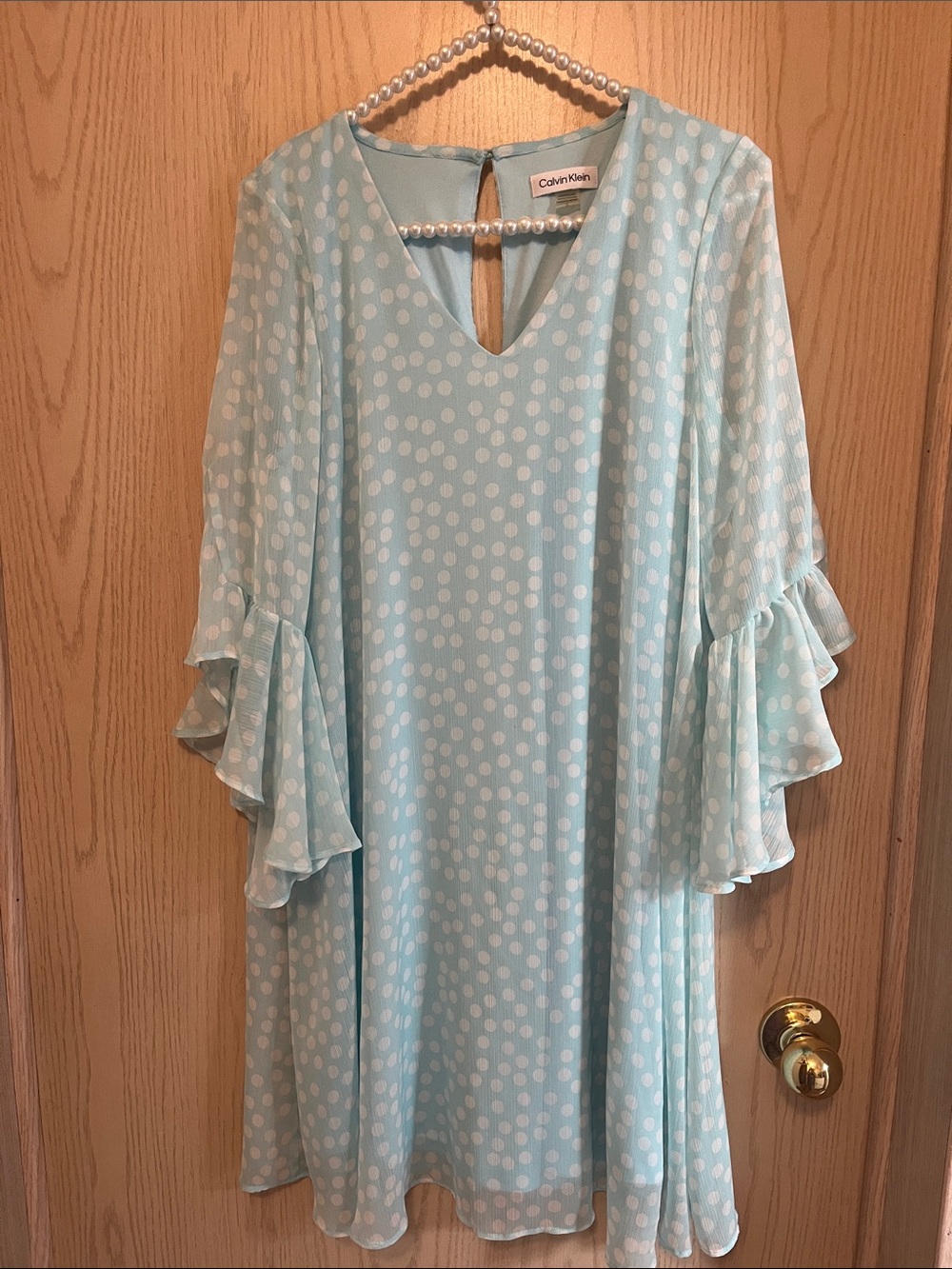 Calvin Klein Light Blue Polka Dot Ruffle-Sleeve Midi Dress